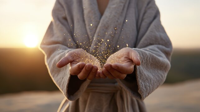 Gentle hands holding magical golden light in morning robe outdoors