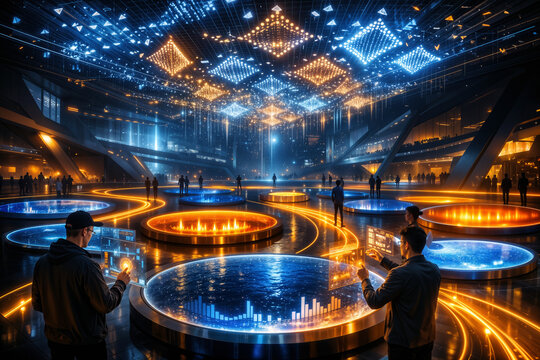 DeFi trading environment interior with luminous liquidity pools, automated market makers, yield pathways, governance canopy and AR traders visualizing Web3 finance architecture