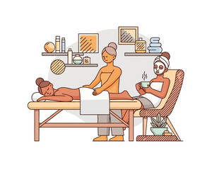Fototapeta premium Illustration of women relaxing and getting pampered with beauty treatments at a spa salon.