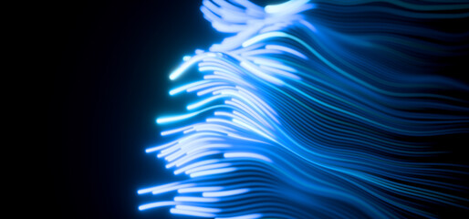 Blue neon glowing lines, energy wavy flow on black 3D background. Vibrant light trails for futuristic design or presentation. AI technology, high speed internet, fiber optic network. 3D illustration © marozhkastudio
