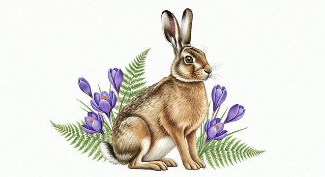 Graceful brown hare illustration resting amidst fresh green ferns and blooming purple crocus flowers, perfectly capturing the essence of a serene spring and the cheerful spirit of Easter