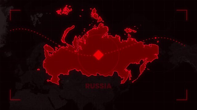 Russia, Siberia map, red illustration, geographic borders, dark background map animation