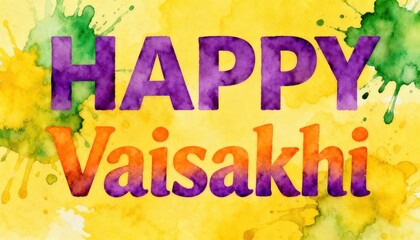 Obraz premium Happy Vaisakhi greeting with vibrant watercolor splashes and gradient text