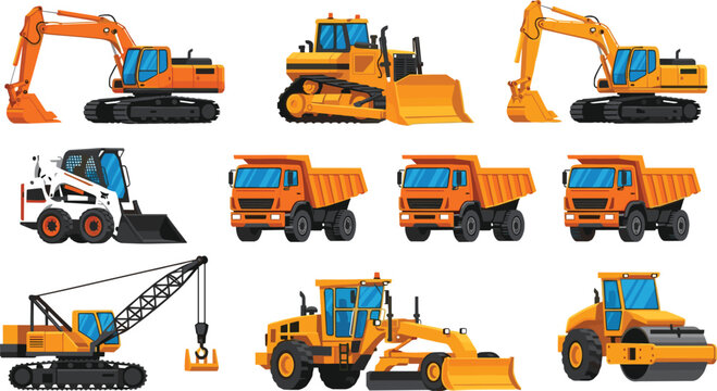Bright orange and yellow heavy construction machinery vector set featuring excavators, bulldozer, dump trucks, crane, grader, roller, skid-steer loader