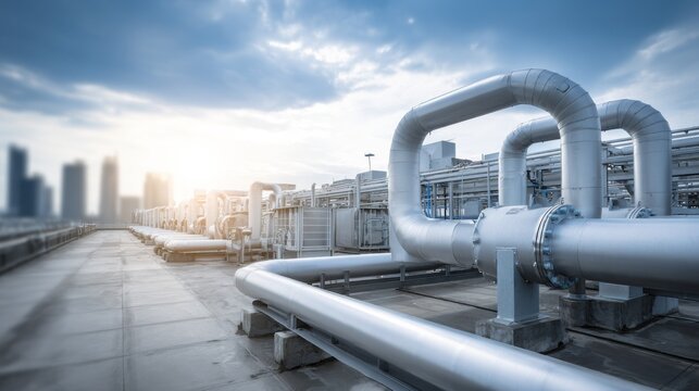 Medium shot of rooftop chillers with piping systems sharply focused blurred background highlights advanced cooling setup designed for energyefficient imaging suites.