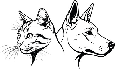 Cat and dog head illustration, black and white line art showing detailed fur patterns, whiskers, upright ears, stylized vector drawing for pet design content © MdMozammal