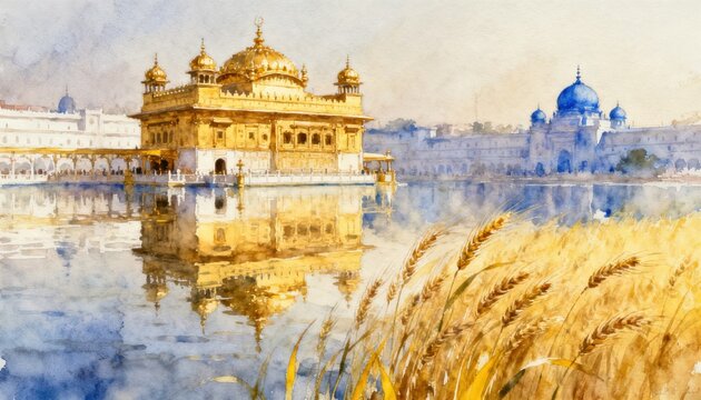 Golden Temple reflection in water with wheat field and blue domes