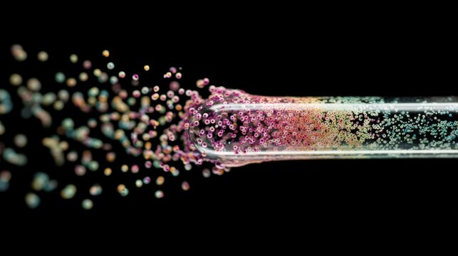 Abstract laboratory test tube with exploding colorful particles, scientific chemical reaction concept, vibrant molecular disintegration on black background