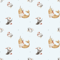 Pattern marine animal, narwhal whale, birds seagulls, puffin in sailor suit. Hand-drawn watercolor illustration in children's style. Print on blue background for baby clothing design nursery wallpaper © Anastasia Brekhova