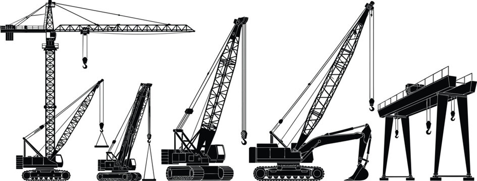 Construction crane silhouettes, tower crane vector, crawler crane illustration, gantry crane lifting 