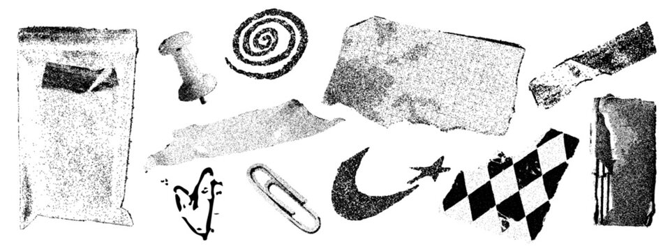 Grunge photocopy set of paper pin and clip, ripped notebook page, crime evidence bag, old dirty stickers, heart and spiral signs isolated on white background. Vintage vector realistic illustration