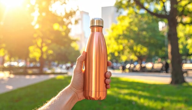 Hand holding reusable copper water bottle outdoors.