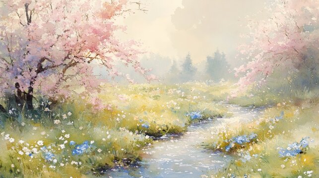 Watercolor landscape featuring blooming cherry blossom trees beside a serene stream flowing through a vibrant meadow filled with wildflowers and soft pastel colors