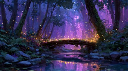 Fototapeta premium Enchanted forest scene with a small wooden bridge over a tranquil stream, illuminated by glowing fireflies amidst lush greenery and vibrant purple hues