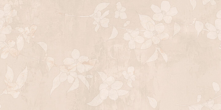 Vintage floral background with subtle cherry blossoms, beige textured paper with faded flower pattern, elegant botanical wallpaper for wedding stationery