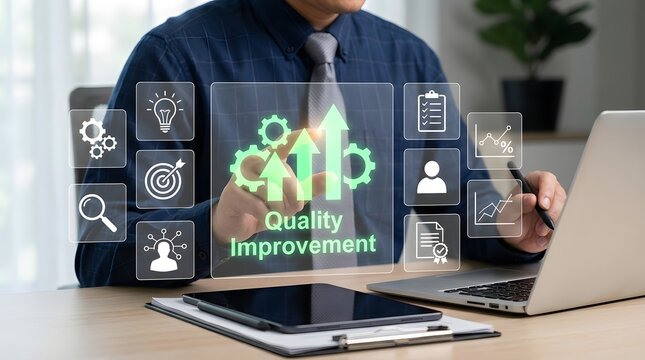 Businessman is actively working on enhancing business processes, interacting with a holographic interface displaying "quality improvement" metrics and various operational icons.