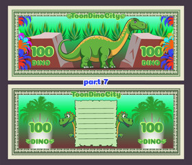 Vector cartoon colored beautiful banknotes, coupons or flyers. Obverse and reverse. Cute huge toon dinosaur or brontosaurus. Denomination 100 dino. Plants, stones and palms leaves. Hundred. Part 7 © GAlexS