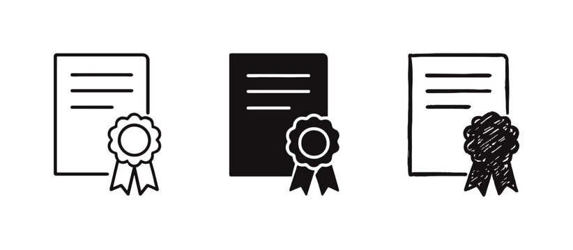 Certificate and award icon set. Document with a ribbon rosette, symbolizing achievement, diploma, or quality guarantee.
