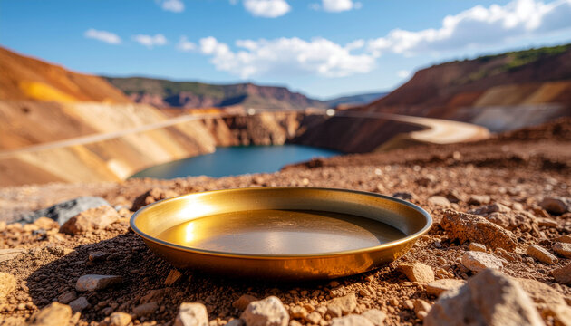 Golden bowl with water in landscape