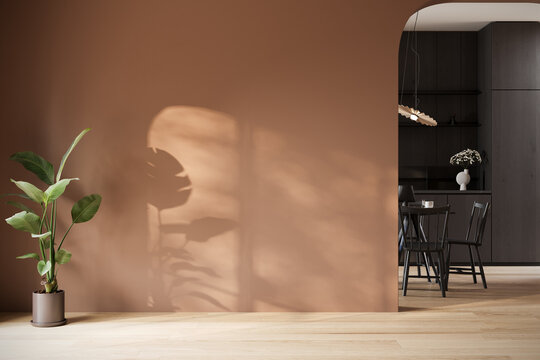 empty interior wall with arched doorway and visible kitchen area, 3D render