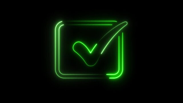 glowing neon check mark icon animation on black background. Glowing green check mark spinning to completion, neon check mark animation icon tick confirm, Animation of check mark icon background.