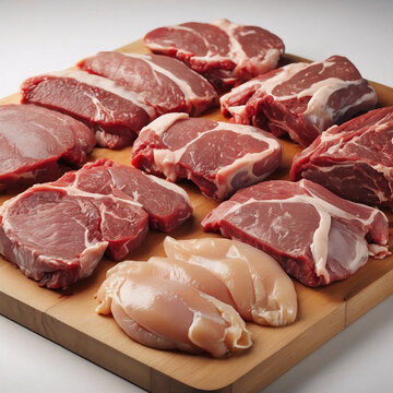 Fresh Raw Meat Selection on Wooden Cutting Board with Chicken and Beef