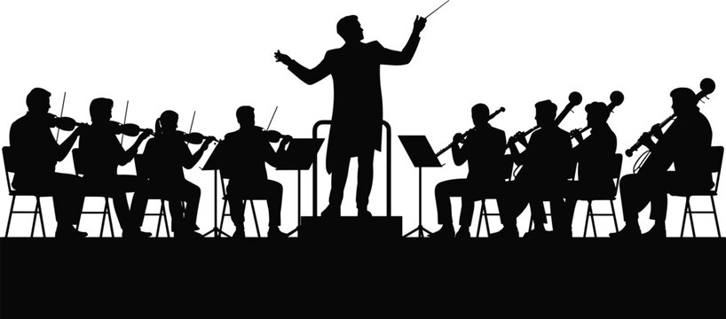 Orchestra Conductor Leading Musicians in Silhouette symphony