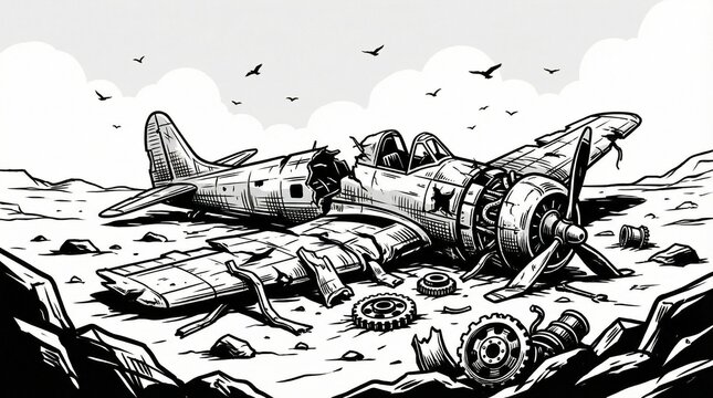 Detailed black‑and‑white illustration of crashed airplane amid wreckage and debris, broken fuselage, damaged wings, abandoned scene, birds overhead.