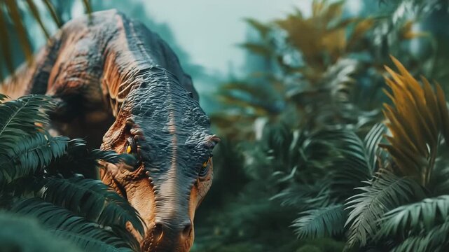 Dinosaurs roam through a green jungle, engaging with plants and the natural setting during daylight hours