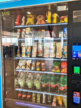 Naples, Italy - 09. March 2026: Vending machine offering snacks and drinks for travelers