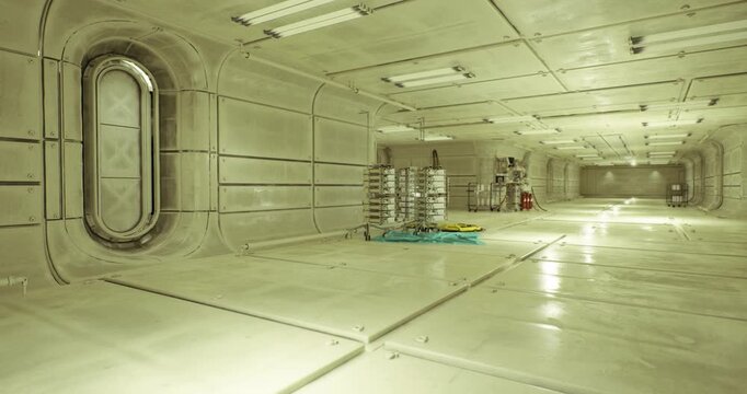 wide service room with equipment racks and maintenance tools spread across preparation floor, bright linear lights reveal texture of panels, decontamination mat