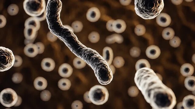 Abstract microscopic view of bacteria cells multiplying and moving among organic cells, dynamic motion, symbolizing growth, reproduction