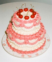 Luxury Classic Cake with Pink White Ruffles and Cherries