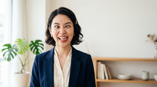 上品な装いでユーモア溢れる変顔を見せる、日本人女性のバストアップ写真