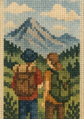 Fototapeta premium Pixelated hikers admire mountain landscape.