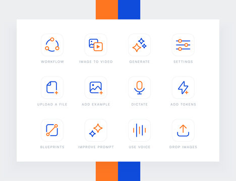 AI technology and neural network workflow icon set. Linear icons for image to video generation, prompt improvement, voice dictation and blueprints for creative UI UX design