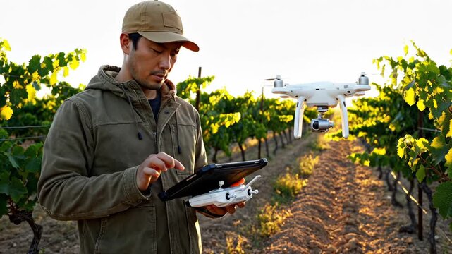 Farmer controls drone with tablet in vineyard at sunset. Man operates drone for vineyard monitoring. Agricultural technology in vineyard. Farmer uses tablet controlling drone. Sunset farming tech.
