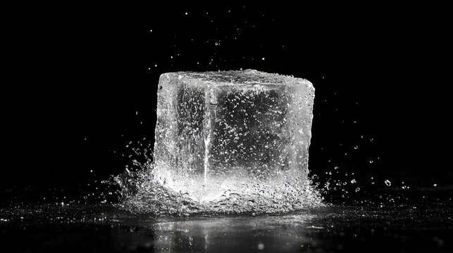 Ice cube splashing in water against a black background, high contrast