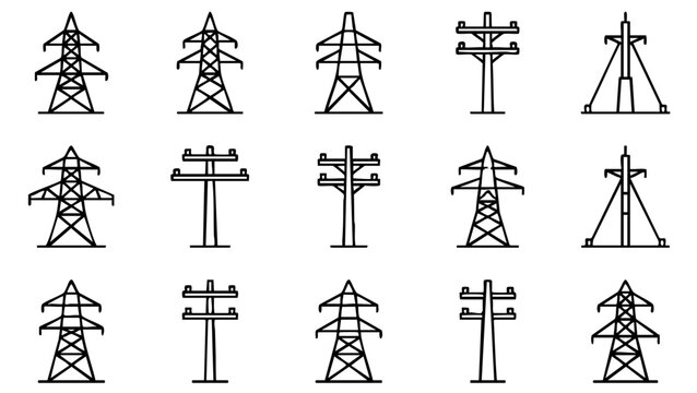 High voltage powerline pylon icons collection for electric utility engineering
