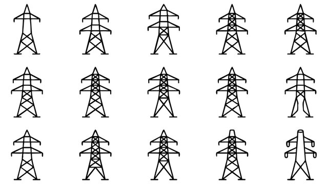 High voltage powerline pylon icons collection for electric utility engineering