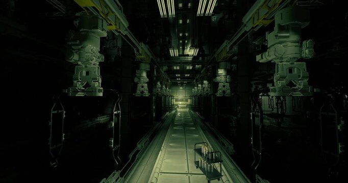 Deserted research hall illuminated by sinister green light, Vacant laboratory passage illuminated by unsettling green glow with broken equipment