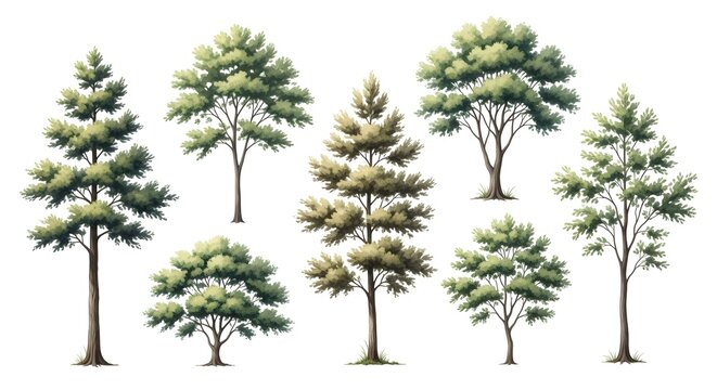 Collection of Diverse Green Trees Isolated on White Background.