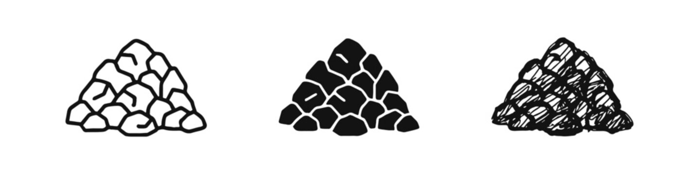 Pile of Rocks or Stones Icon Set in Outline, Solid, and Sketchy Styles