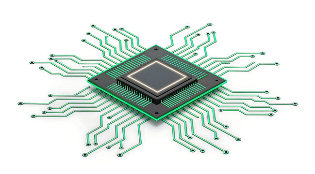 Clean isometric data core module with glowing green circuit traces and central processor emitting soft light, futuristic electronic hardware