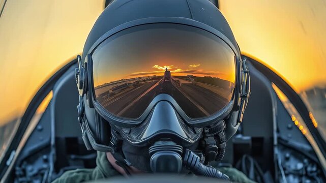A pilot sits in a jet fighter, ready for takeoff, with the sunset reflected in the visor at an airbase