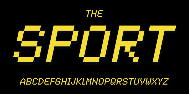 Y2K pixel alphabet, bold blocky letters, retro 8bit font for nostalgic sport game branding, vintage racing arcade headline style, digital typography, pixel 2000s typographic design. Vector typeset.