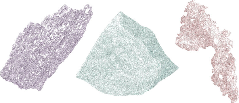 Crystals in abstract geometric forms. Stippled shadows, halftone layering, bold print threshold and dusty scanner texture overlay.