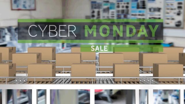 Animation of cyber monday text over cardboard boxes on conveyor belts