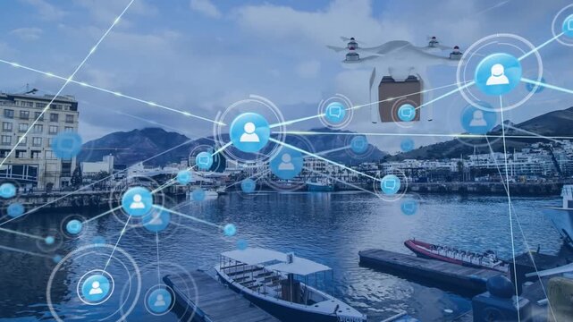 Network of digital icons and drone carrying a delivery box against aerial view of the port harbor