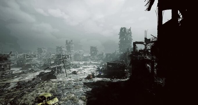 desolate ruined cityscape under overcast sky, flooded avenues reflect skeletal towers and collapsed facades, scattered rubble and twisted rebar create jagged